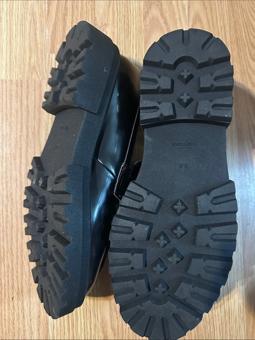 Steve Madden Black Patent Loafers with Gold Chain Detail